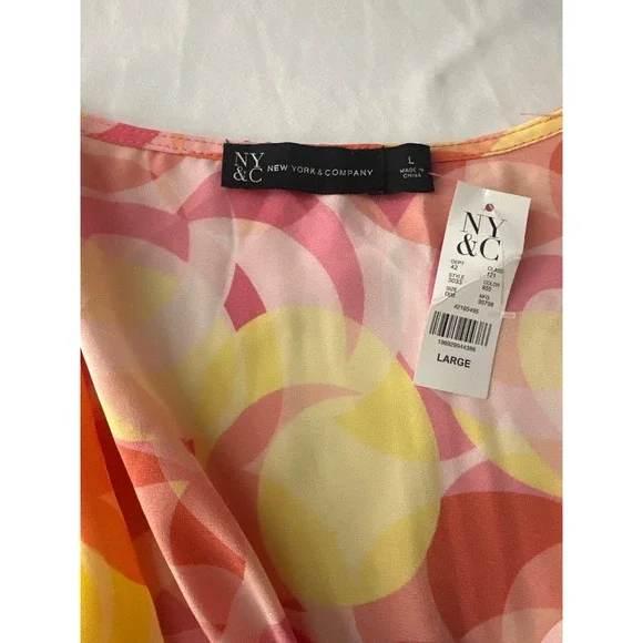 NY&C Tie Front Blouse Top Large Pink Yellow Orange Geometric Print Long Sleeve - Picture 3 of 6